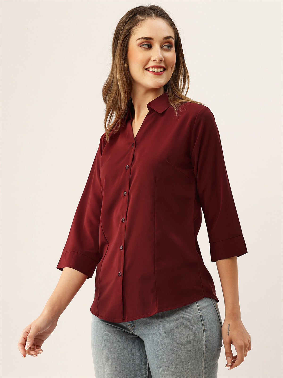 Odette Maroon Synthetic Solid Stitched Shirt For Women