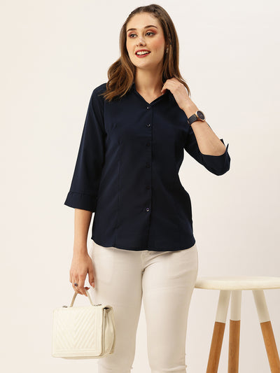 Odette Navy Blue Synthetic Solid Stitched Shirt For Women