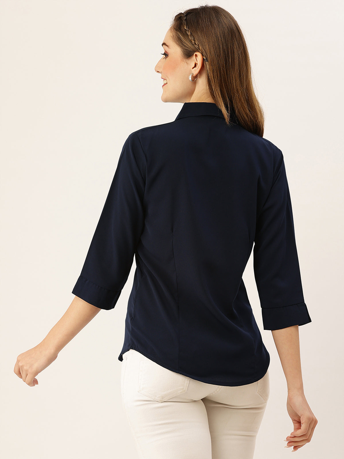 Odette Navy Blue Synthetic Solid Stitched Shirt For Women