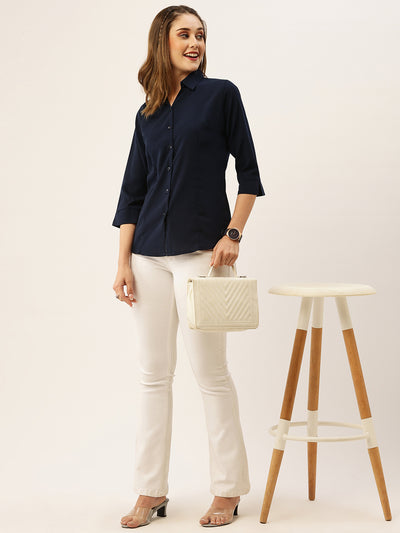 Odette Navy Blue Synthetic Solid Stitched Shirt For Women