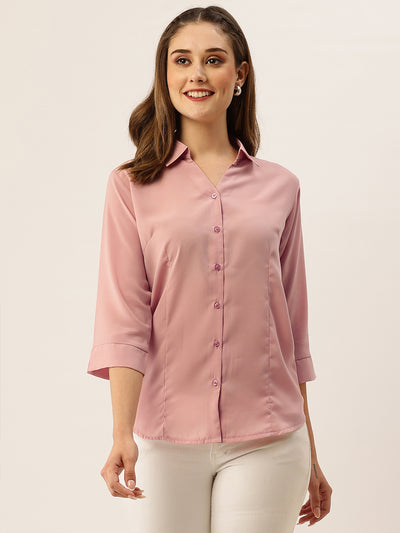 Odette Peach Synthetic Solid Stitched Shirt For Women