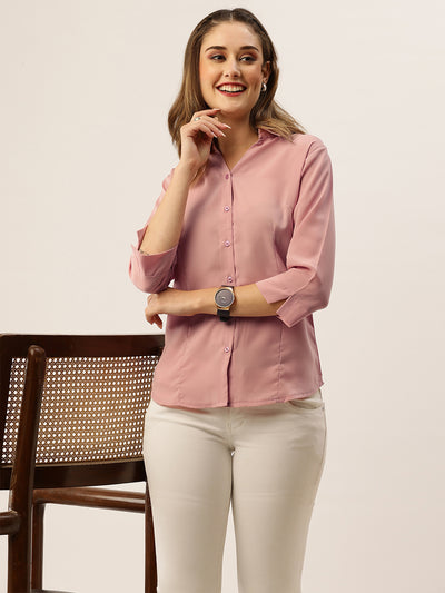 Odette Peach Synthetic Solid Stitched Shirt For Women