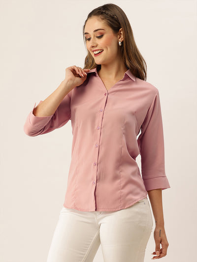 Odette Peach Synthetic Solid Stitched Shirt For Women