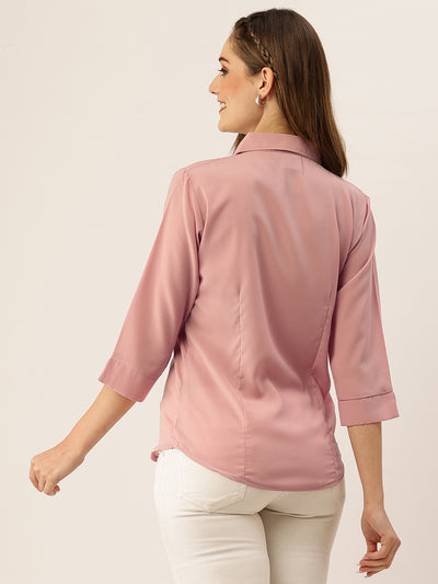 Odette Peach Synthetic Solid Stitched Shirt For Women
