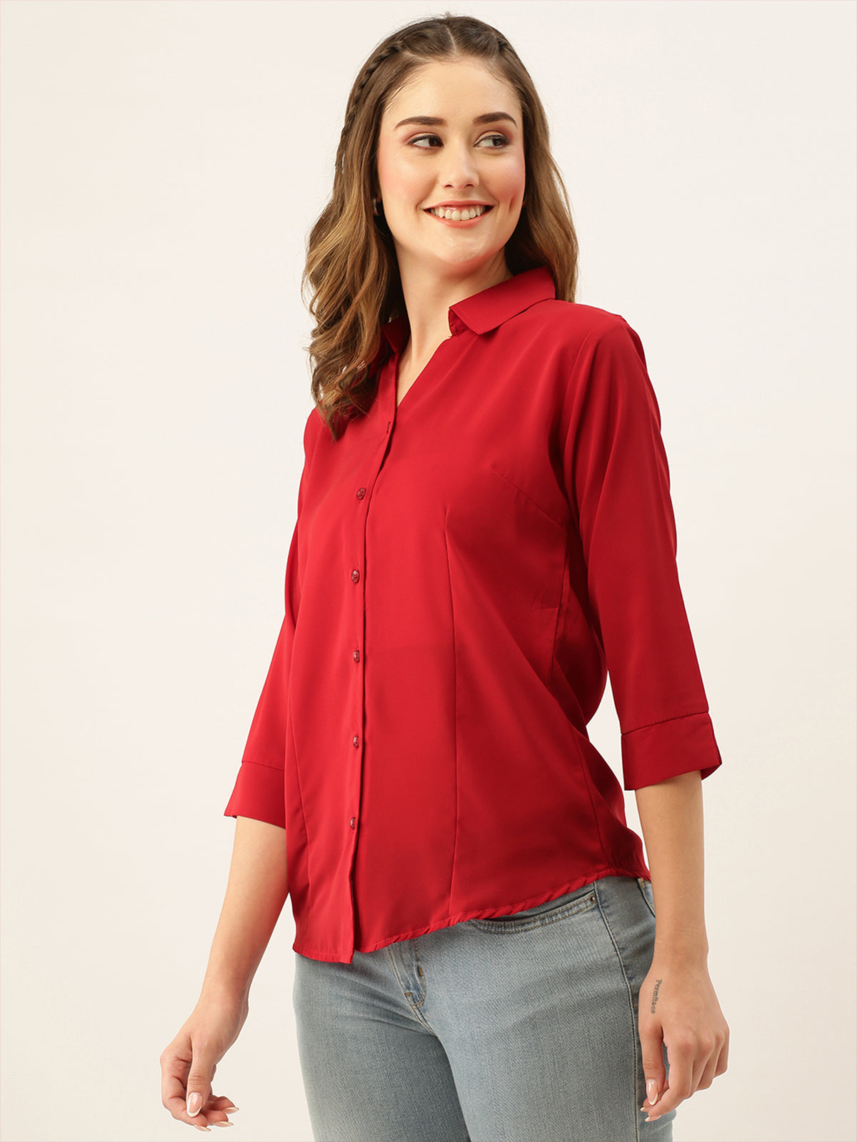 Odette Red Synthetic Solid Stitched Shirt For Women