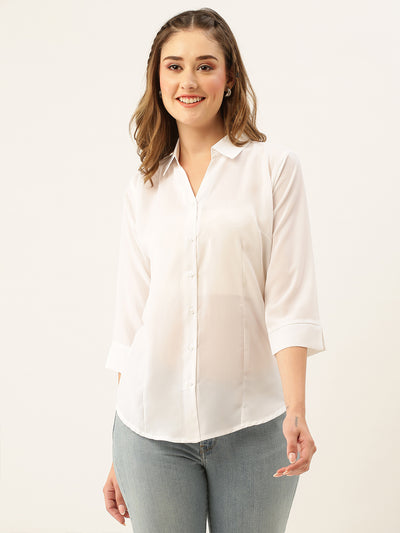Odette White Synthetic Solid Stitched Shirt For Women