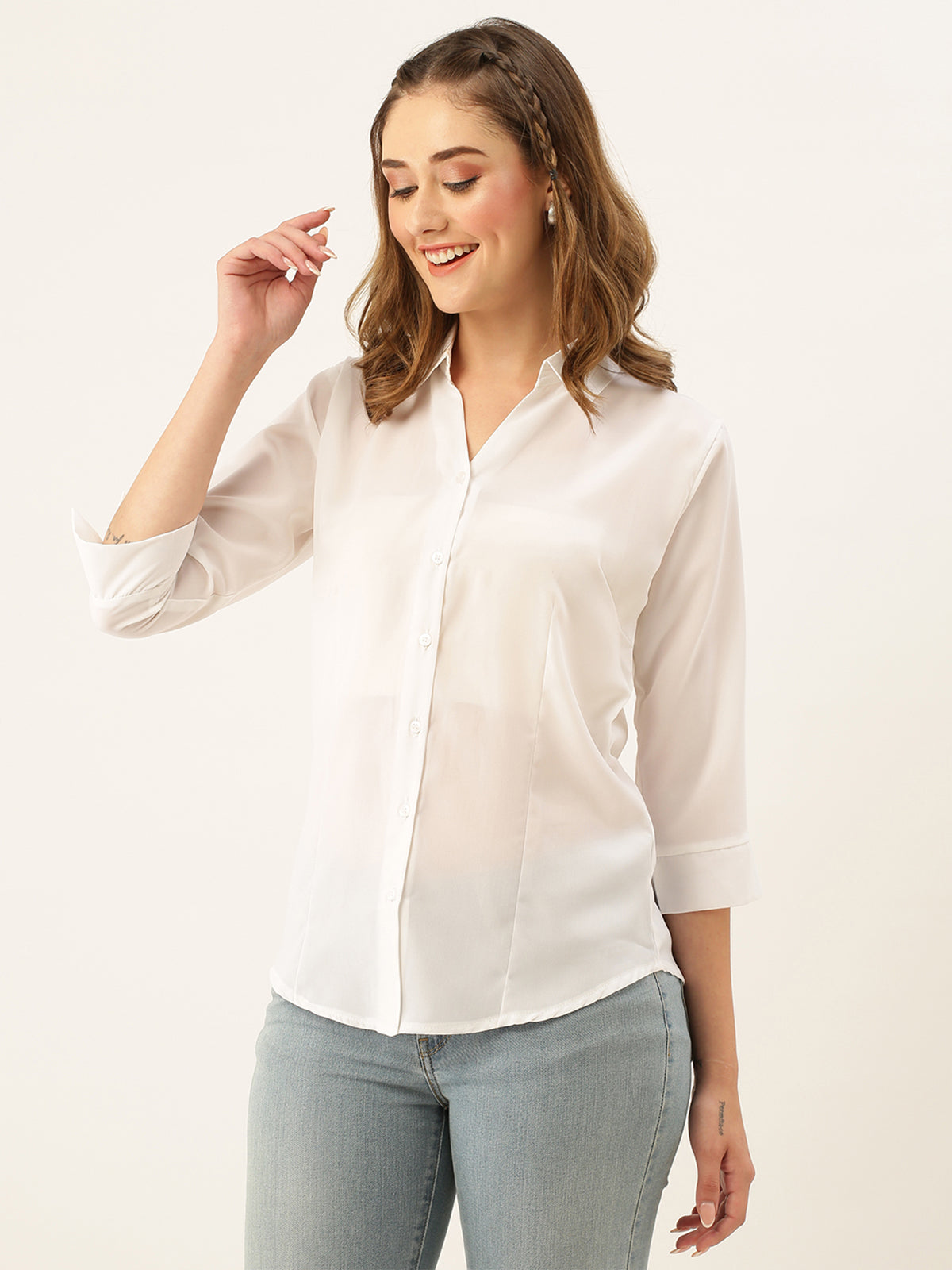 Odette White Synthetic Solid Stitched Shirt For Women