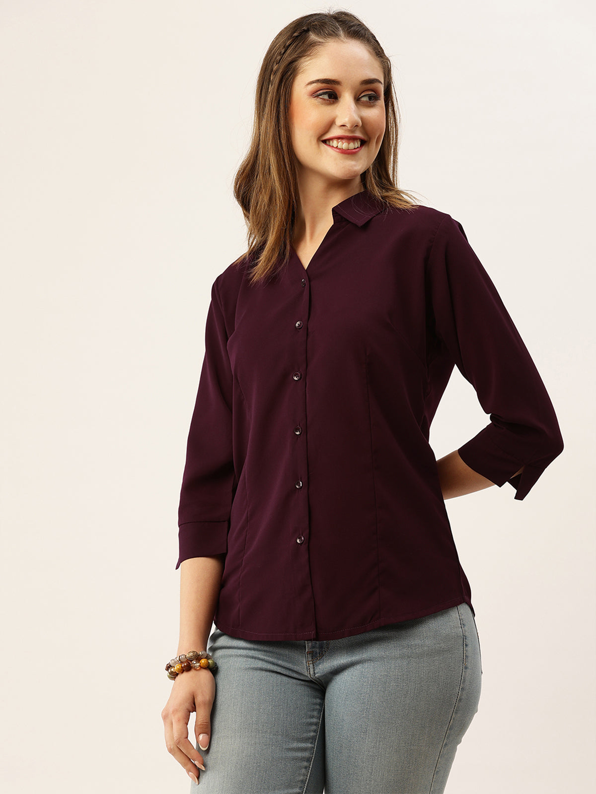 Odette Wine Synthetic Solid Stitched Shirt For Women