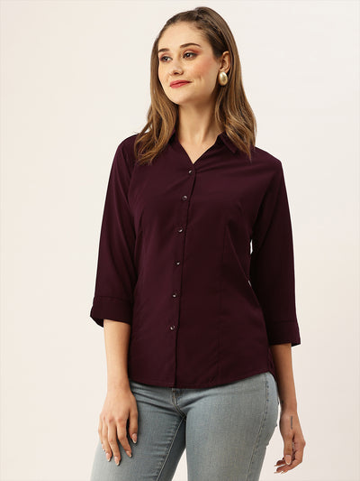 Odette Wine Synthetic Solid Stitched Shirt For Women