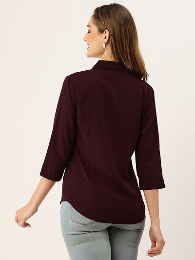 Odette Wine Synthetic Solid Stitched Shirt For Women