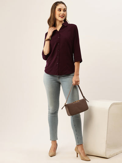 Odette Wine Synthetic Solid Stitched Shirt For Women