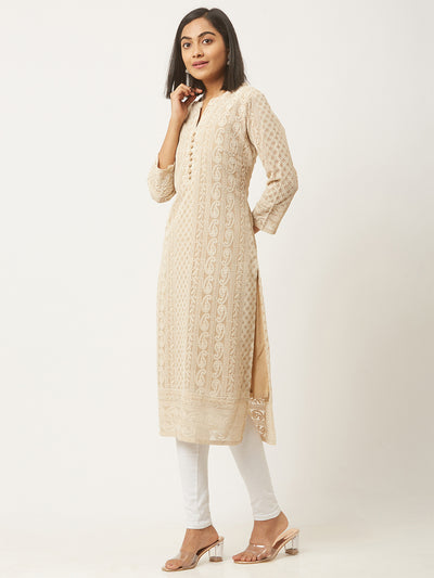 Beige Poly Georgette Straight Embroidered Stitched Kurta