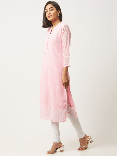 Pink Poly Georgette Straight Embroidered Stitched Kurta