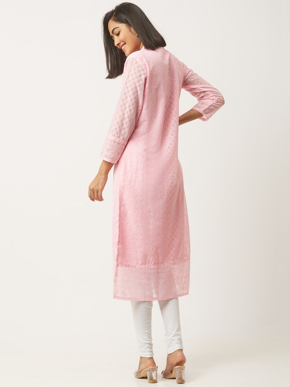 Pink Poly Georgette Straight Embroidered Stitched Kurta