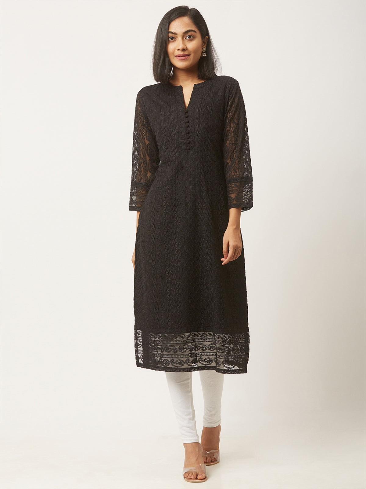 Black Poly Georgette Straight Embroidered Stitched Kurta