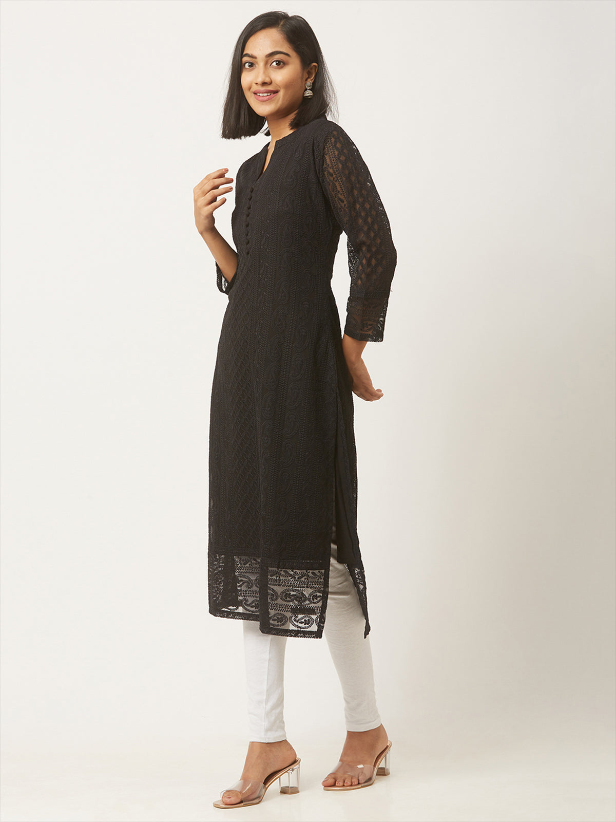 Black Poly Georgette Straight Embroidered Stitched Kurta