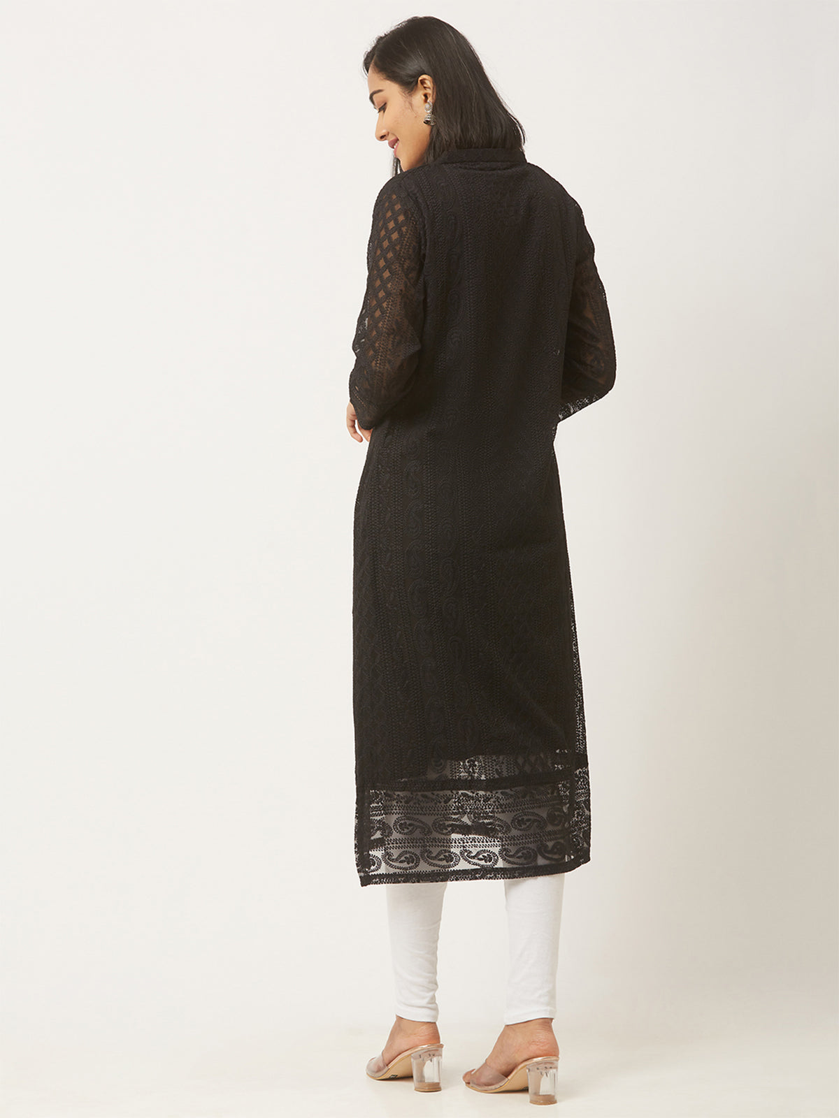 Black Poly Georgette Straight Embroidered Stitched Kurta