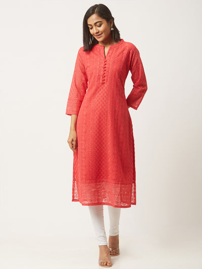 Red Poly Georgette Straight Embroidered Stitched Kurta