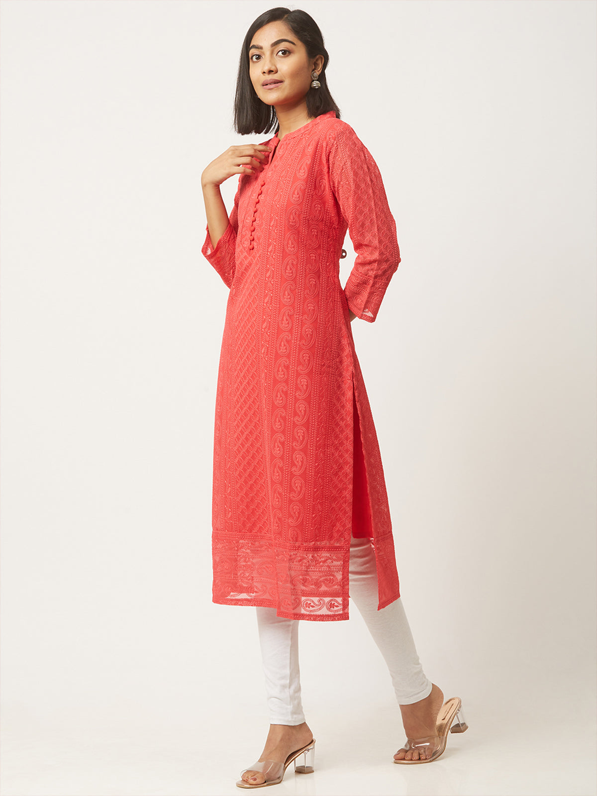 Red Poly Georgette Straight Embroidered Stitched Kurta