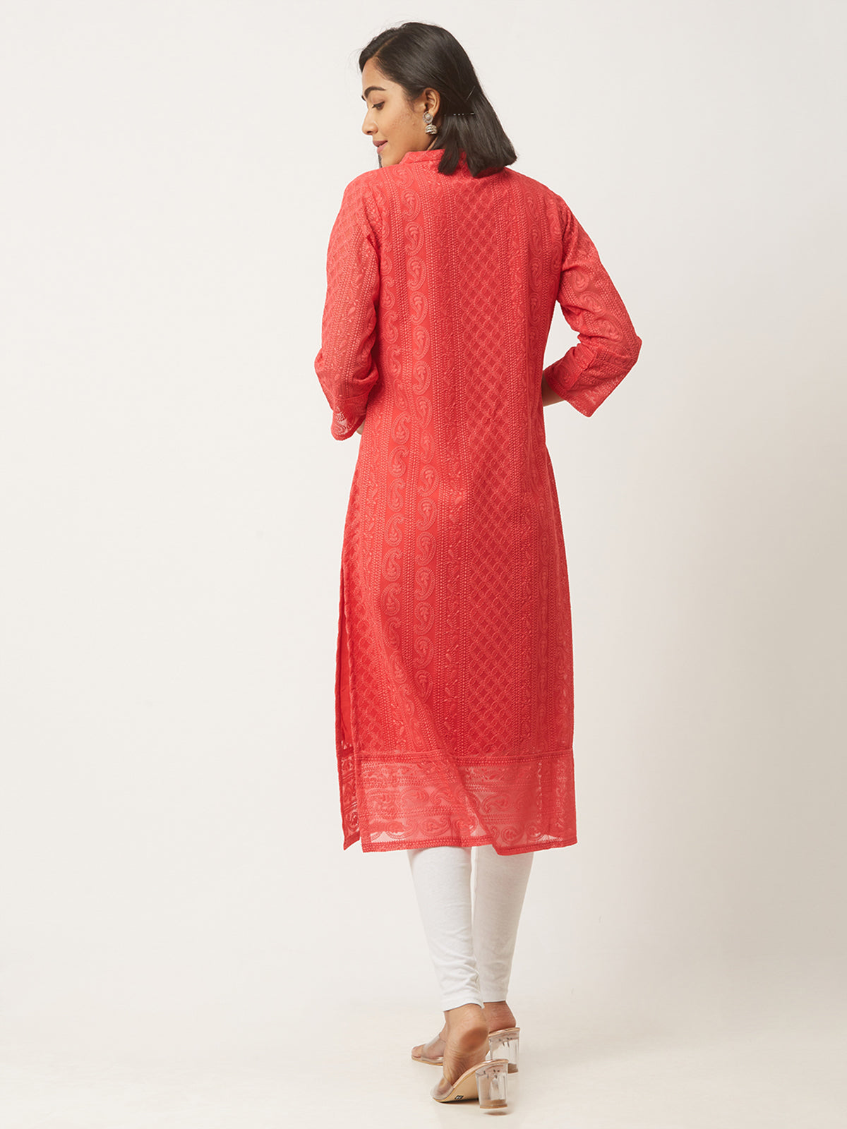 Red Poly Georgette Straight Embroidered Stitched Kurta