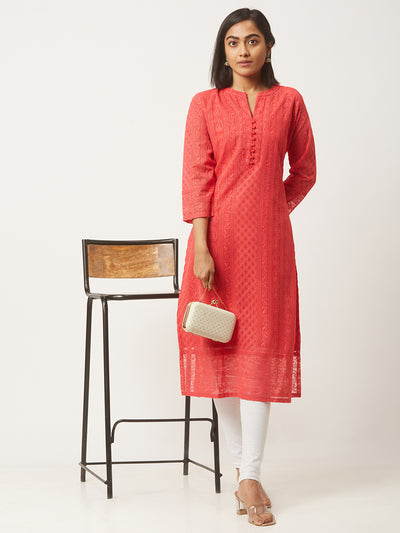 Red Poly Georgette Straight Embroidered Stitched Kurta