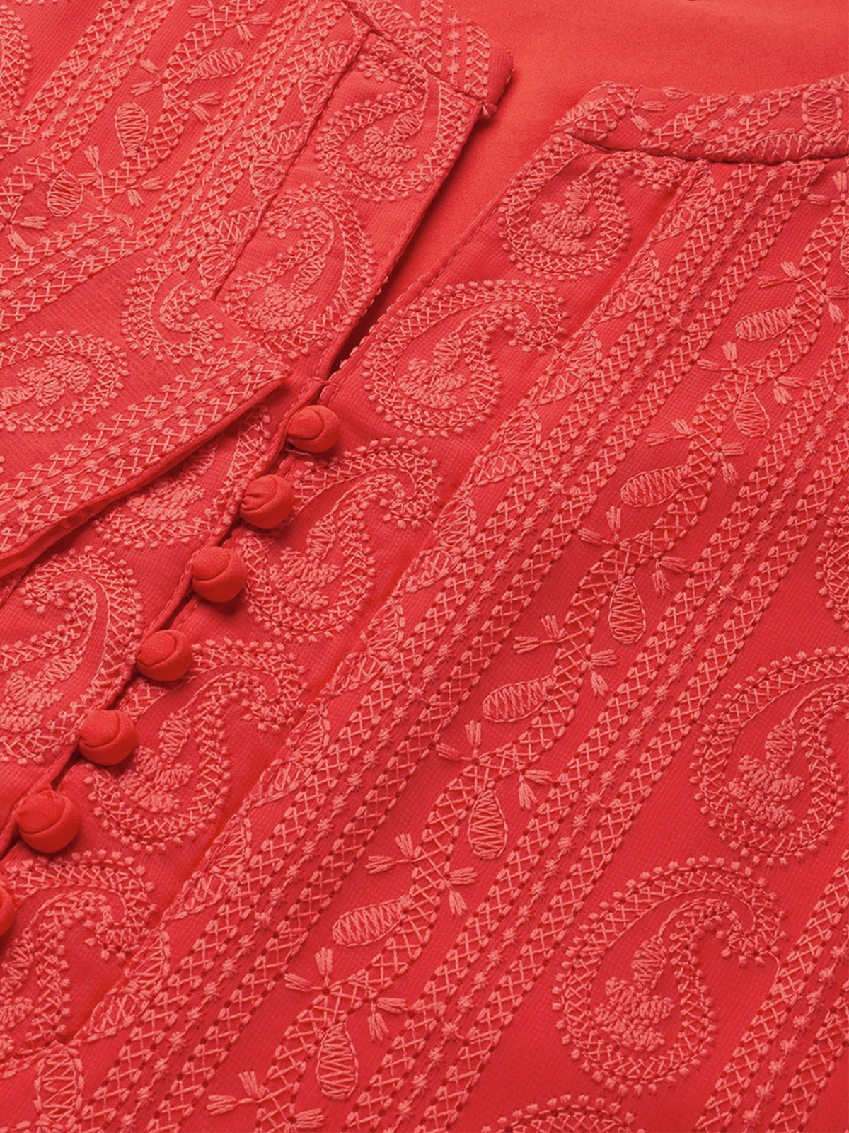 Red Poly Georgette Straight Embroidered Stitched Kurta