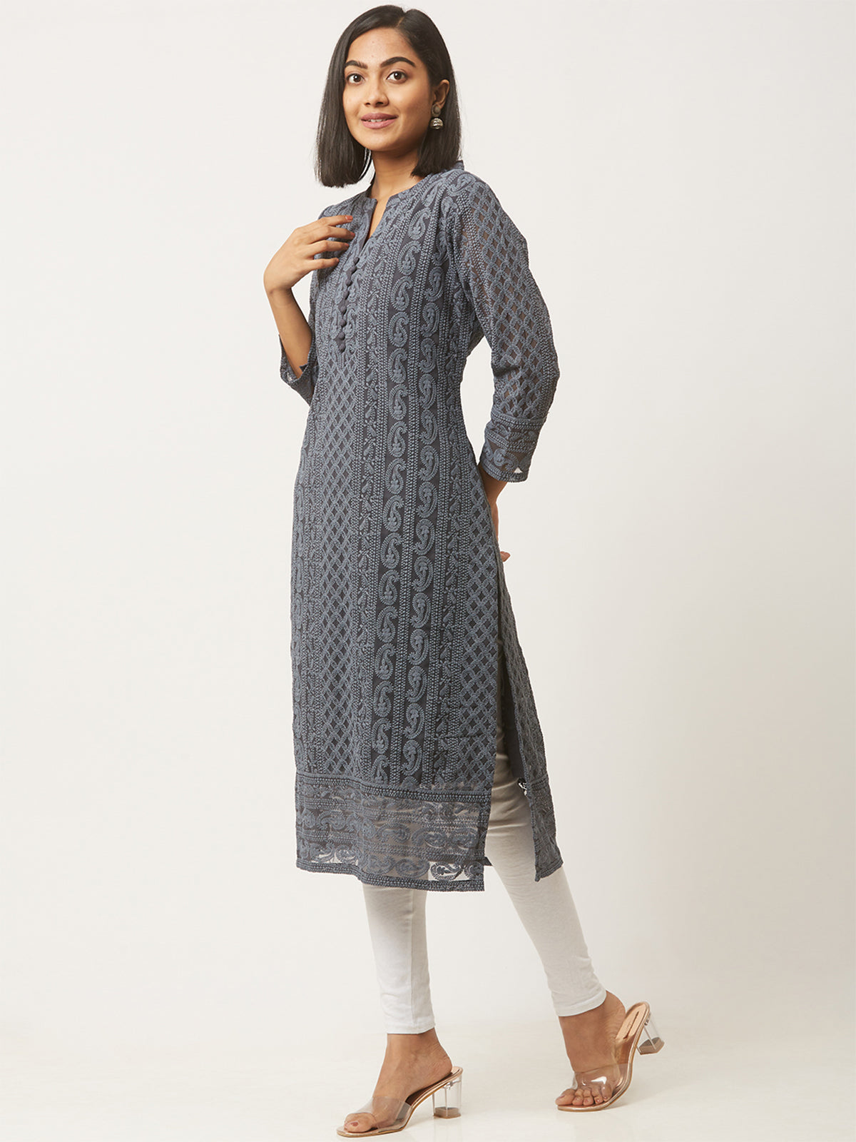 Grey Poly Georgette Straight Embroidered Stitched Kurta