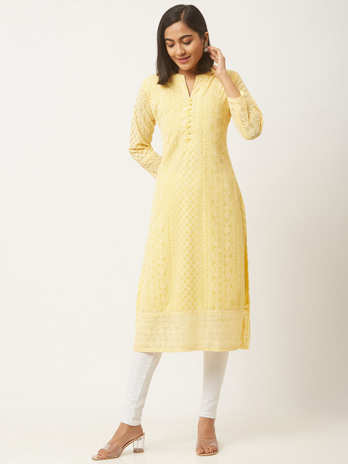 Yellow Poly Georgette Straight Embroidered Stitched Kurta