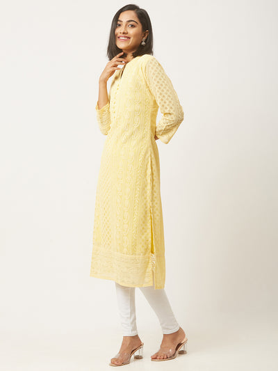 Yellow Poly Georgette Straight Embroidered Stitched Kurta