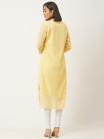 Yellow Poly Georgette Straight Embroidered Stitched Kurta