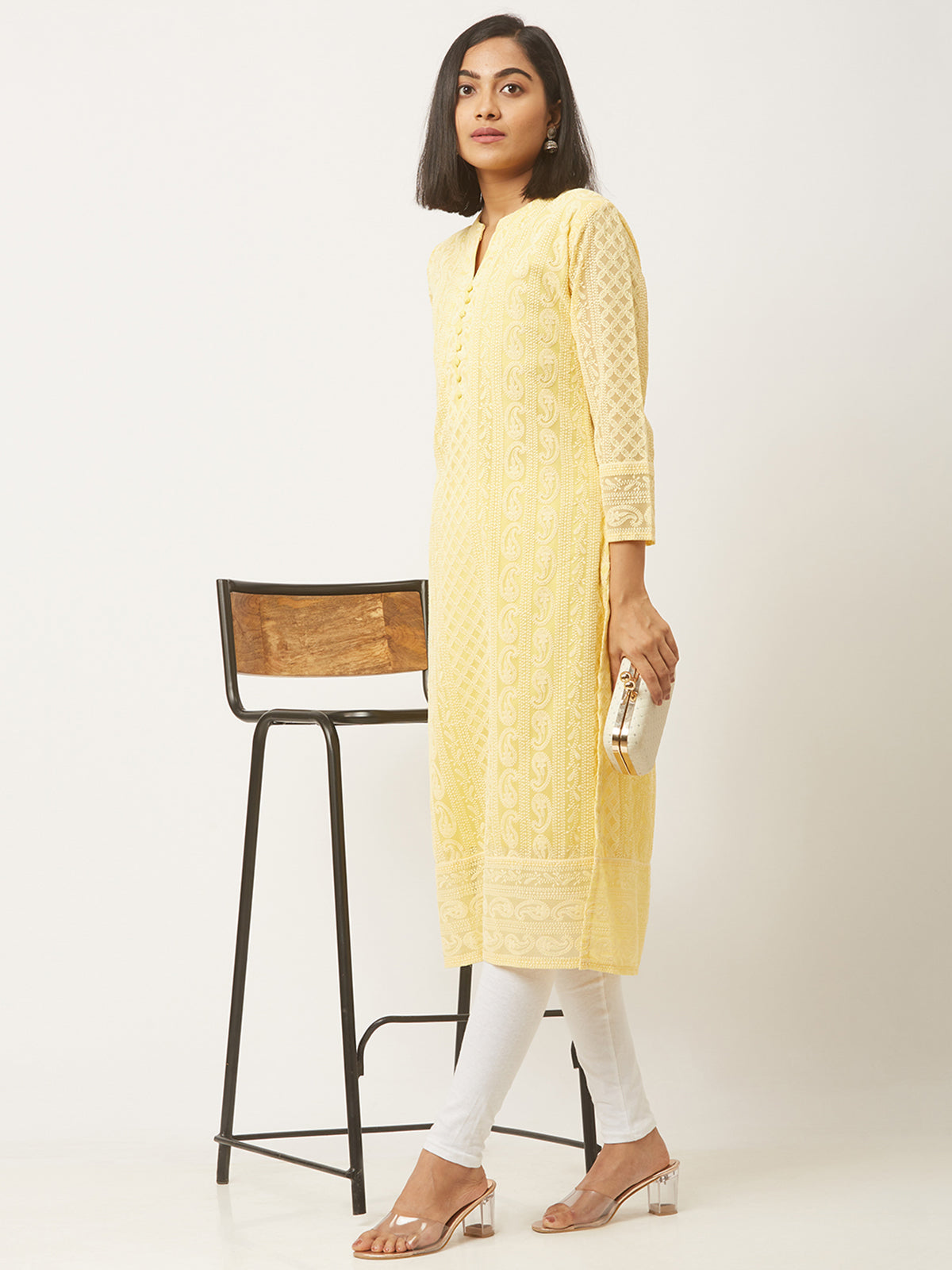 Yellow Poly Georgette Straight Embroidered Stitched Kurta