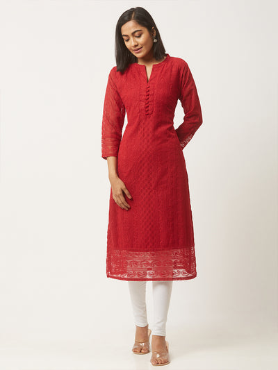 Maroon Poly Georgette Straight Embroidered Stitched Kurta