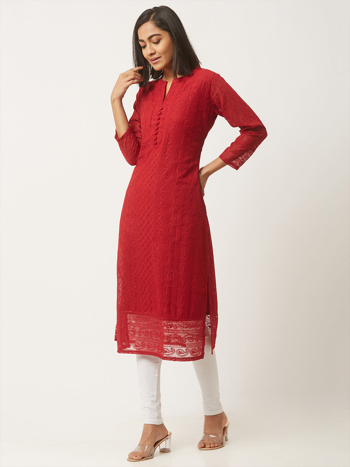 Maroon Poly Georgette Straight Embroidered Stitched Kurta