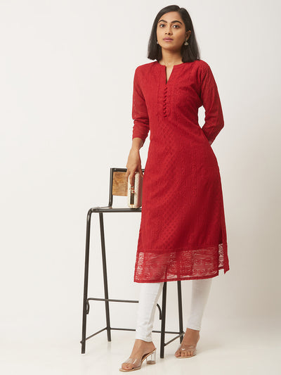 Maroon Poly Georgette Straight Embroidered Stitched Kurta