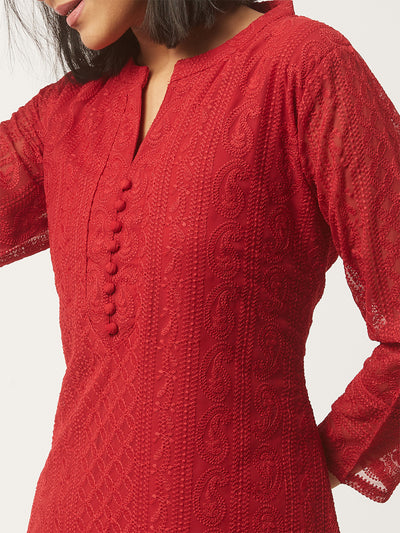 Maroon Poly Georgette Straight Embroidered Stitched Kurta