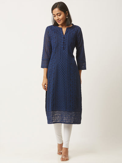 Navy Blue Poly Georgette Straight Embroidered Stitched Kurta