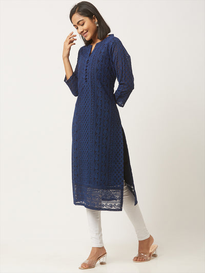 Navy Blue Poly Georgette Straight Embroidered Stitched Kurta