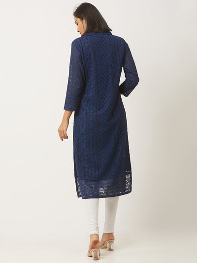 Navy Blue Poly Georgette Straight Embroidered Stitched Kurta