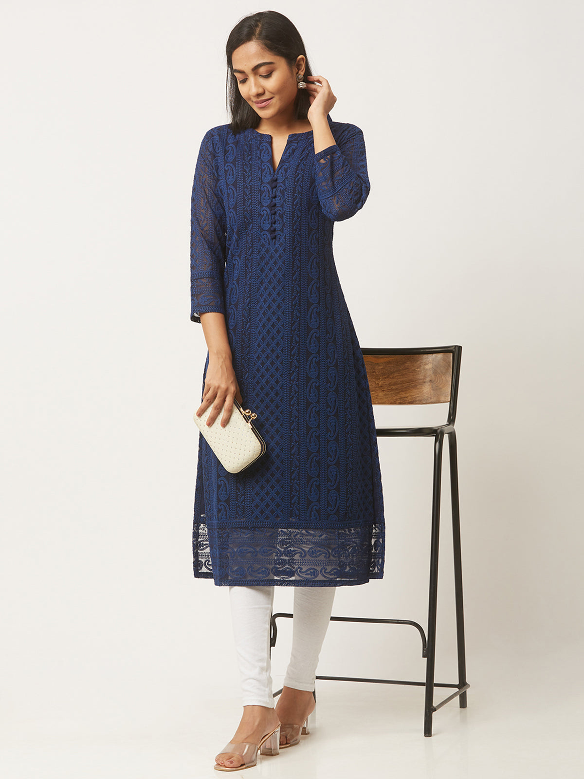 Navy Blue Poly Georgette Straight Embroidered Stitched Kurta