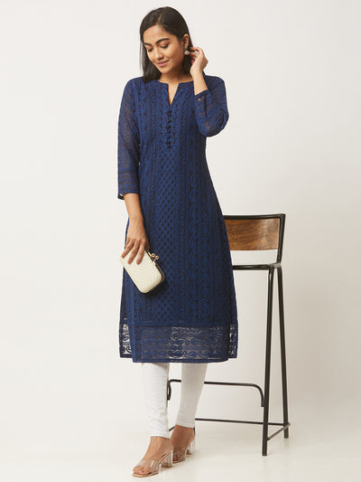 Navy Blue Poly Georgette Straight Embroidered Stitched Kurta