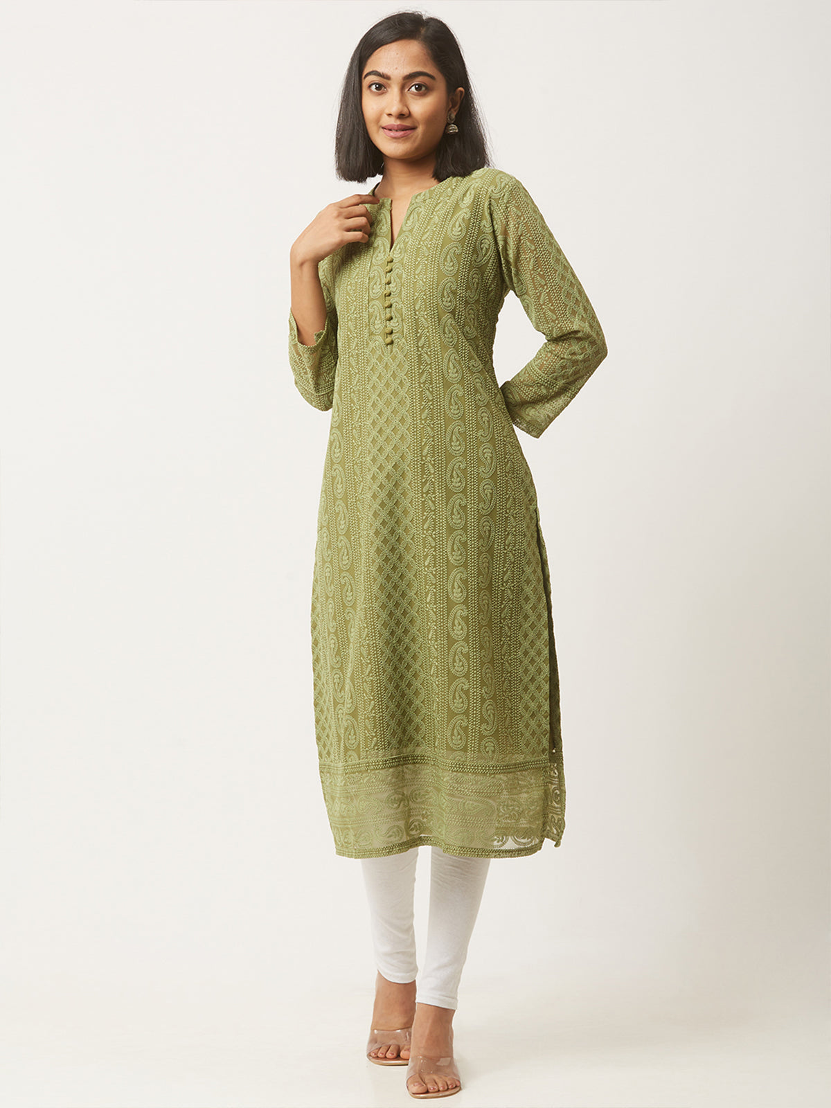 Olive Green        Poly Georgette Straight Embroidered Stitched Kurta