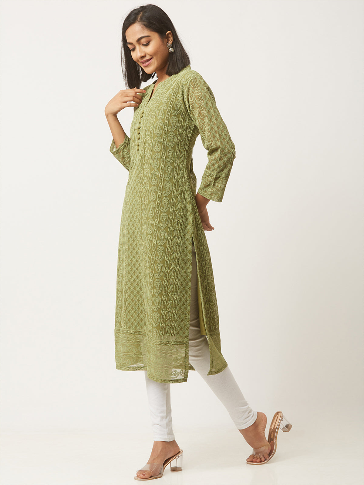 Olive Green        Poly Georgette Straight Embroidered Stitched Kurta