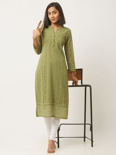 Olive Green        Poly Georgette Straight Embroidered Stitched Kurta