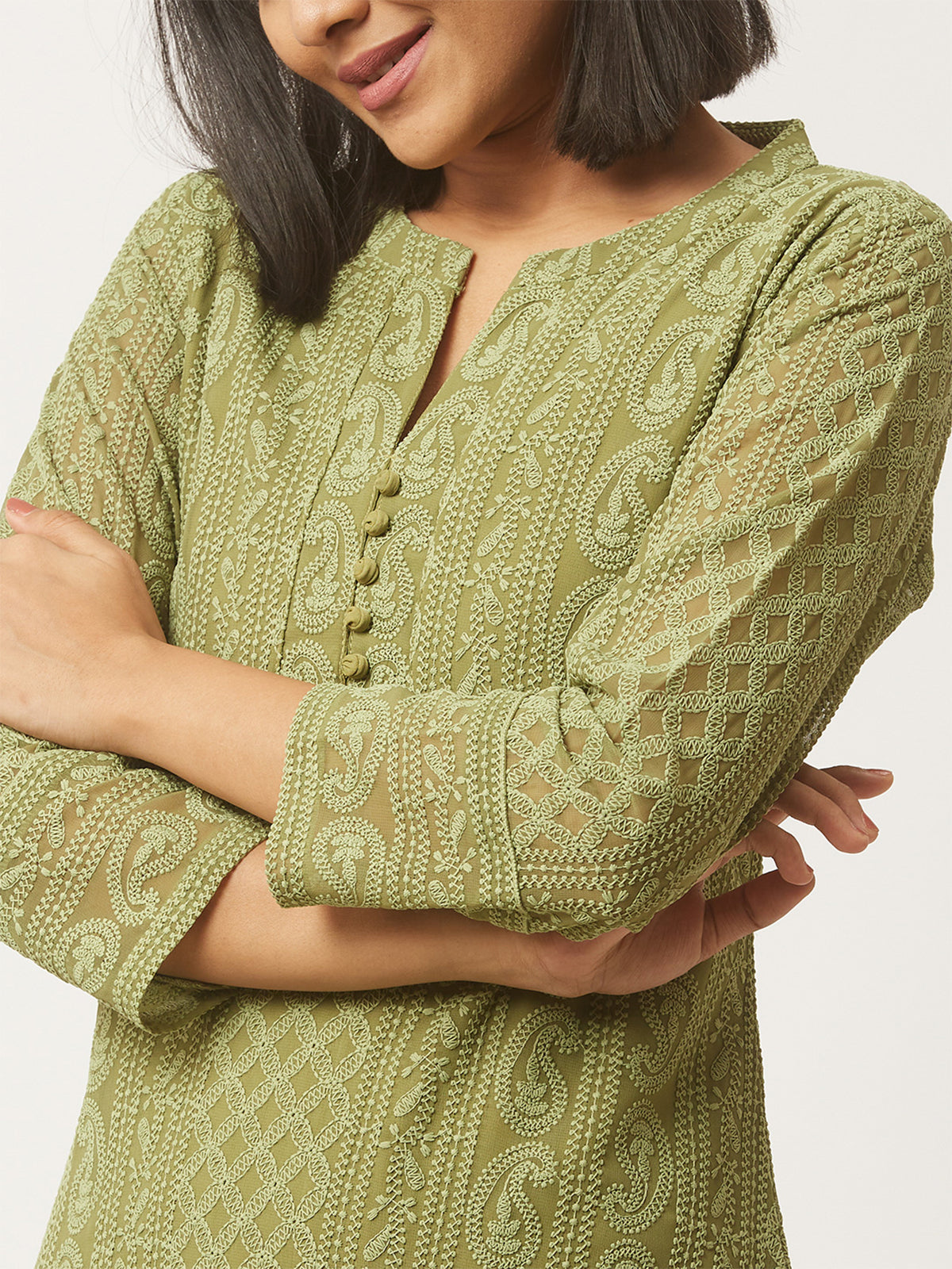 Olive Green        Poly Georgette Straight Embroidered Stitched Kurta