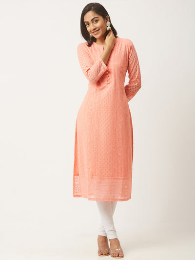 Peach Poly Georgette Straight Embroidered Stitched Kurta