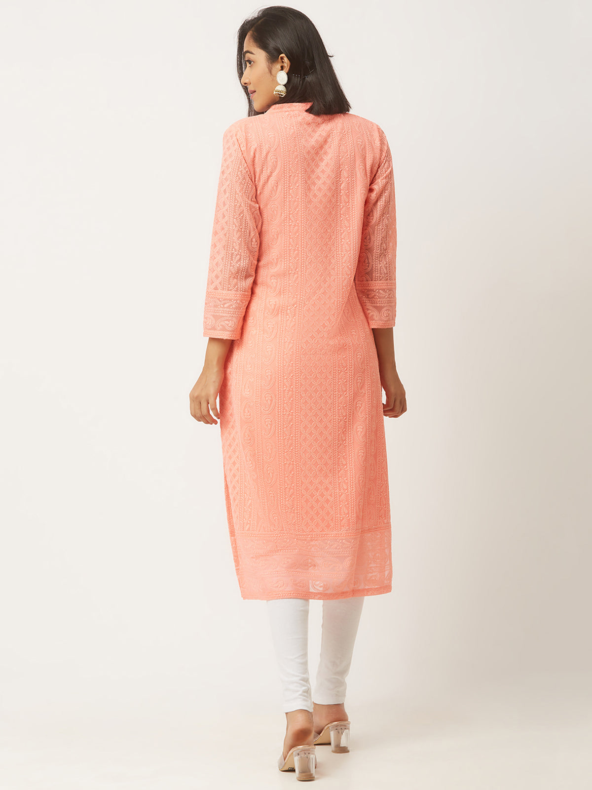 Peach Poly Georgette Straight Embroidered Stitched Kurta