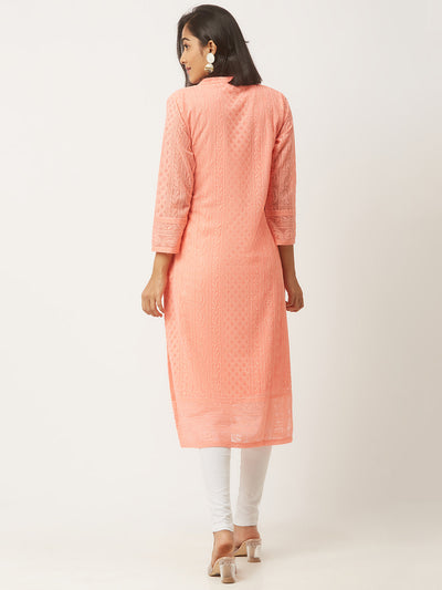 Peach Poly Georgette Straight Embroidered Stitched Kurta