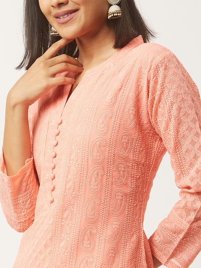 Peach Poly Georgette Straight Embroidered Stitched Kurta