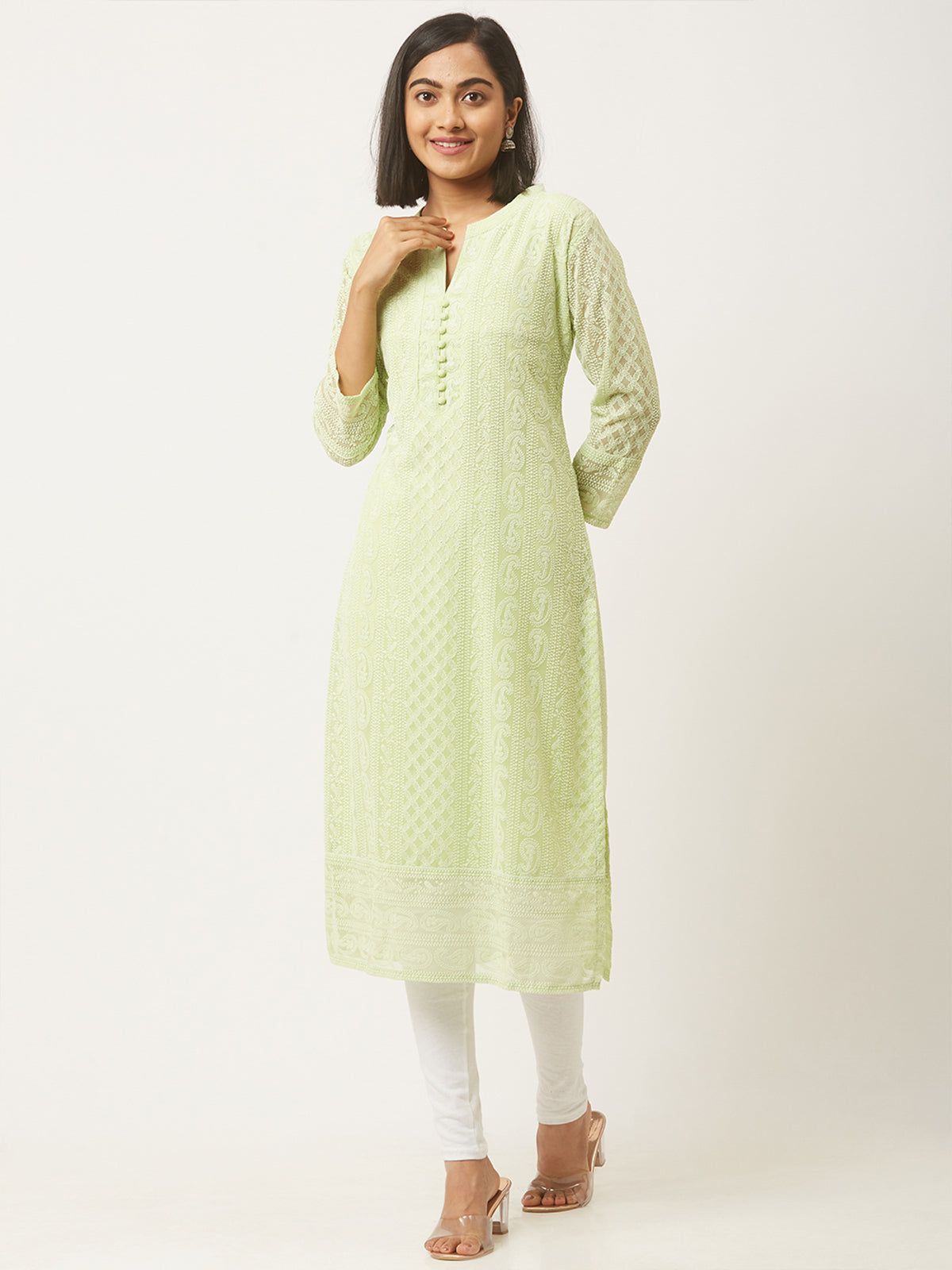 Green Poly Georgette Straight Embroidered Stitched Kurta