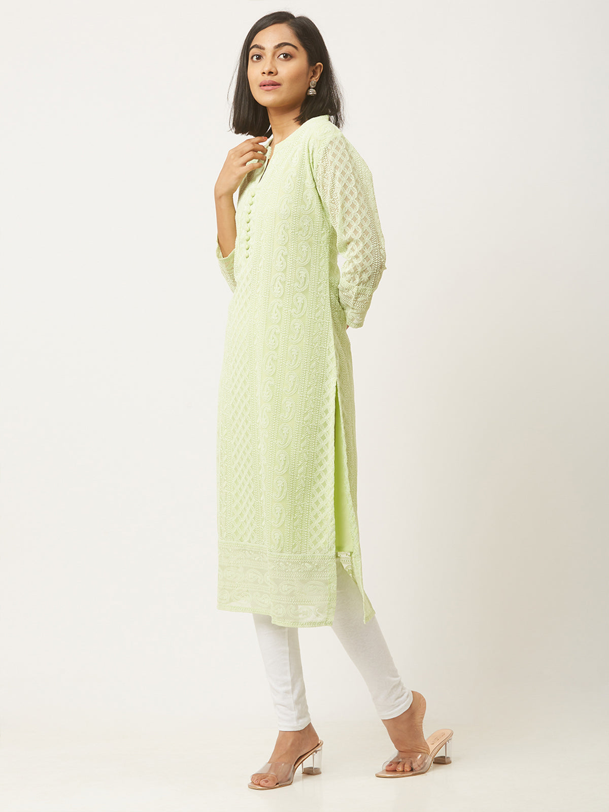 Green Poly Georgette Straight Embroidered Stitched Kurta